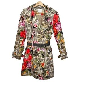 Spanner Tropical Hawaiian Floral Print  Trench Coat Size Medium Maximalism